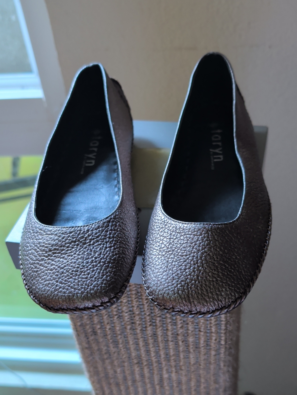 Taryn Hand Stitched Rose Metallic Brown Leather Ballet Flats, Or Driving Shoes